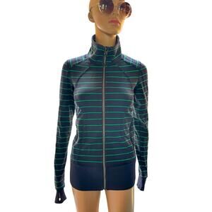 Lululemon Nice Asana Jacket Womens 2 Slalom Striped Blue Green Yoga Workout Gym